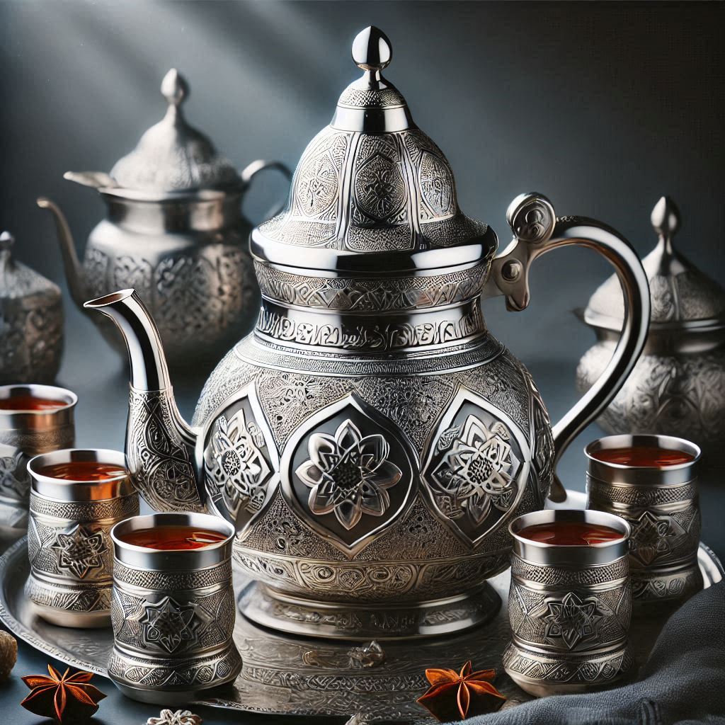 Moroccan tea set includes a silver tea pot with 6 glasses